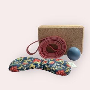 Yoga Prop Bundle – Eye Pillow, Cork Block, Acupressure Ball & Resistance Band